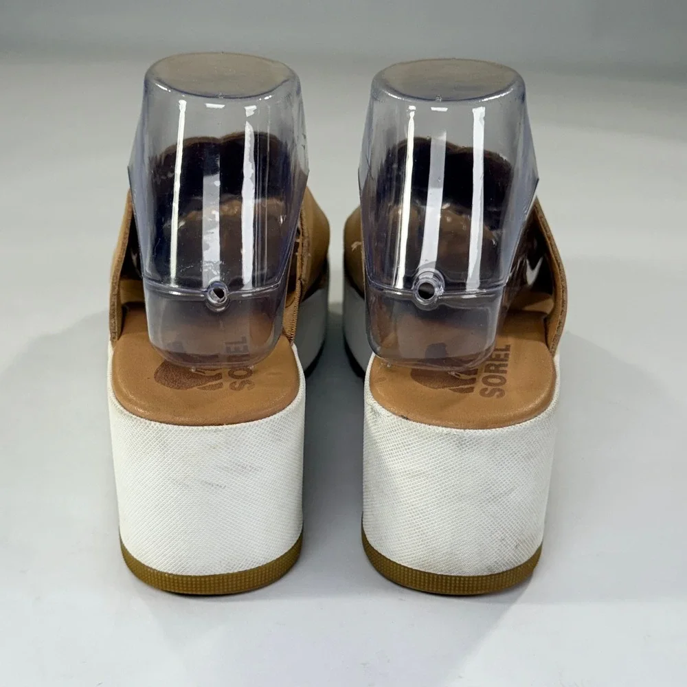 Sorel Cameron Flatform Sandal Womens 8.5 Tan Beige Leather Crisscross Boho Slide